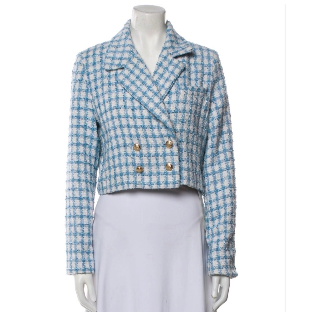 Jason Wu Tweed Cropped Blazer Blue White Checkered Gold Button Jacket Size 6